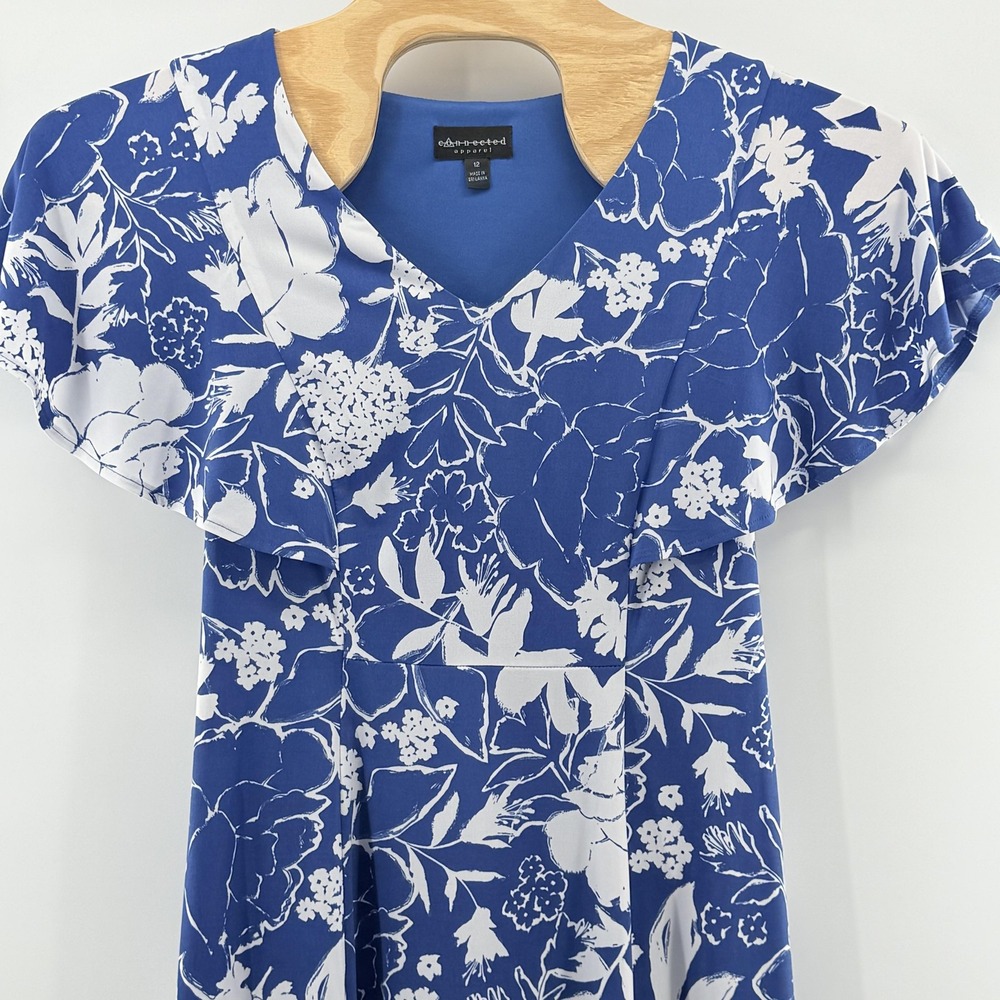 Floral Flutter Sleeve A Line Dress Blue White Womens 12 Knee Length Summer Party